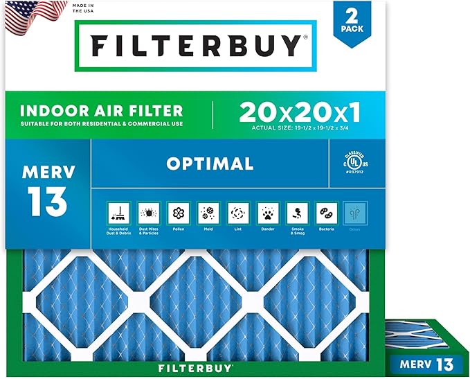 Filterbuy 20x20x1 Air Filter MERV 13 Optimal Smoke & Allergy Defense (2-Pack), Electrostatic Pleated HVAC AC Furnace Filters Replacement, Made in USA (Actual Size: 19.50 x 19.50 x 0.75)