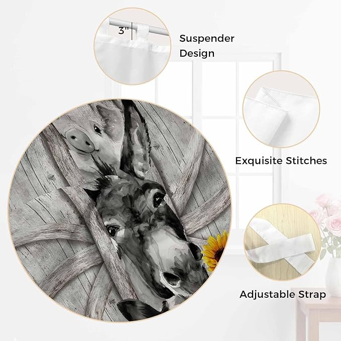 Funny Farm Animals Bathroom Curtains 63 Inch Length, Window Curtains Tab Top, Vintage Barn Grey Sunflowers Light Filtering Window Treatments Drapes 52"x63" 2 Panel