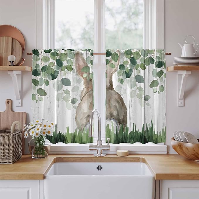 Easter Kitchen Curtains, Country Rabbit Botanical Leaves Wooden Grain Light Filtering Window Curtain Panels, 2Pcs Rod Pocket Window Treatments Set for RV Dining Room Study Room 42x54 Inches