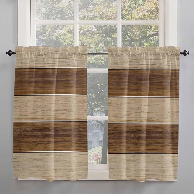Retro Country Brown Wooden Board Window Valance Curtains, Farmhouse Gradient Plank Light Filtering Kitchen Valance with 3-inch Rod Pocket for Living Room Bathroom Bedroom,2 Panel,52x45In