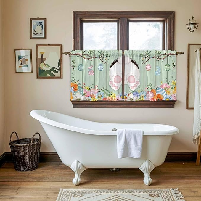 Easter Kitchen Tier Curtains 24 Inch Long 2 Panel Set,Rod Pocket Cafe Small Window Curtains Over Sink,Spring Watercolor Bunny Eggs Wooden Grain Green Light Filtering Short Drapes 27.5"W x 24"L