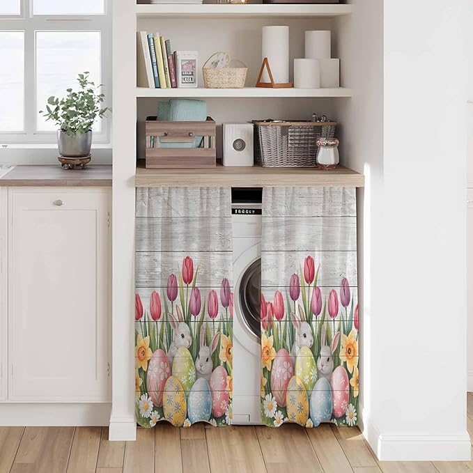 Easter Kitchen Tier Curtains 45 Inch Long 2 Panel Set,Rod Pocket Short Window Treatment,Retro Spring Bunny Eggs Tulip Farm Wooden Grain Light Filtering Curtains & Drapes for Bathroom 27.5"W x 45"L