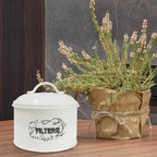 SOTECH Coffee Filter Holder Storage,White Basket Enamel Filter Jar Container in Rustic Farmhouse Distressed Enamelware Design Round for Counter(Metal Coffee Filter Jar)
