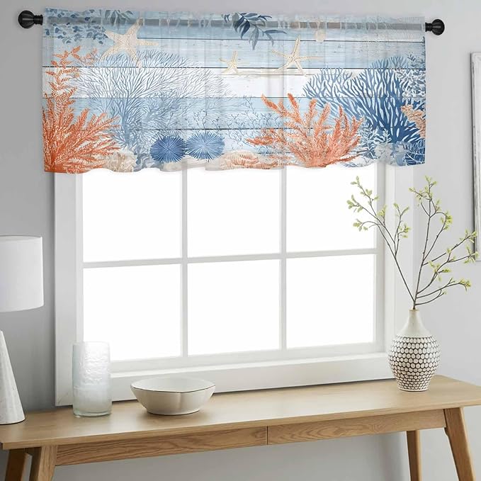 Ocean Corals Sheer Valance Curtains, Summer Beach Coral Sea Stars Blue Wood Grain Light Filtering Kitchen Valances Rod Pocket Voile Curtain Window Treatment for Bedroom/Living Room/Basement 42Wx12L