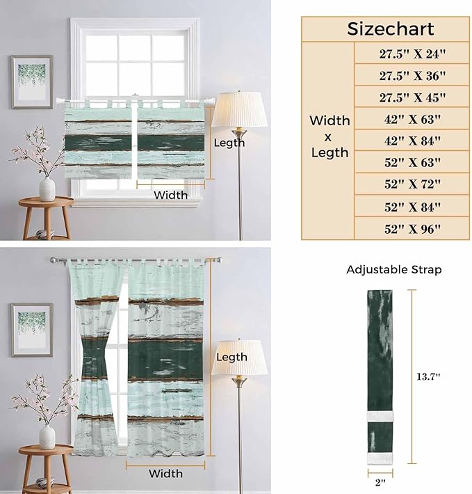 Blue Teal Bedroom Curtains 72 Inch Length, Window Curtains Tab Top, Vintage Wooden Retro Art Farmhouse Barns Light Filtering Window Treatments Drapes 52"x72" 2 Panel