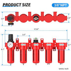 TAILONZ PNEUMATIC 0-150PSI 3/8 Inch NPT Red Industrial Grade 5 Stage Air Drying System, Particulate Filter, Coalescing Filter, Double Desiccant Dryer and Air Regulator (Manual Drainage)