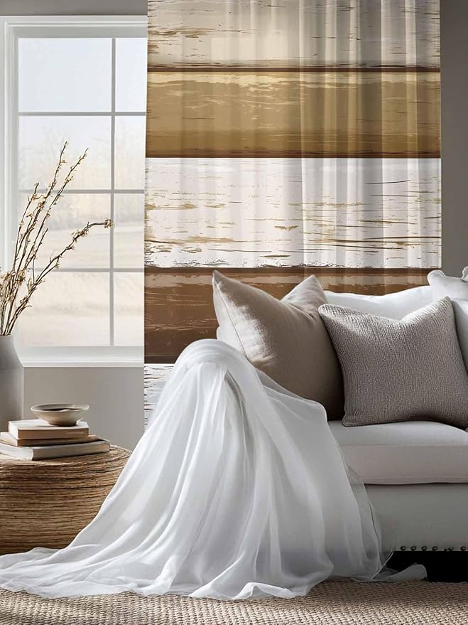 Sheer Curtains 72 Inches Long, Wood Grain Brown Semi Sheer Curtains Light Filtering Window Treatment, Farmhouse Vintage Country Geometric Privacy Voile Drapes for Living Room Bedroom 52x72 Inch