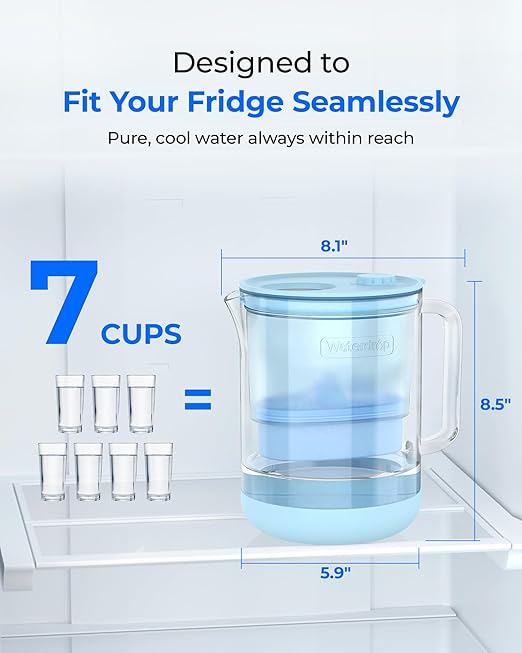 Waterdrop Glass Alkaline Water Filter Pitcher with 1 Filter, Enhances Alkaline Water, Eco-Friendly, 7-Cup, for Home and Office, Reduces PFOA/PFOS, Chlorine, Cadmium, Copper, Mercury, Blue