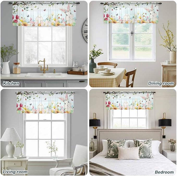 Easter Sheer Valances for Windows 42"x18", Light Filtering Kitchen Curtains Valance, Spring Watercolor Bunny Eggs Tulip Flower Plant Rod Pocket Chiffon Curtains for Living Room Bedroom Cafe