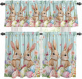 Easter Kitchen Curtains Set 3 Piece for Windows, Rod Pocket Valance and Tier Set 36 Inch Length, Spring Rabbit Colorful Eggs Flowers Wooden Grain Light Filtering Cafe Curtains for Living Room Bathroom