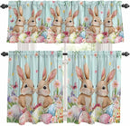 Easter Kitchen Curtains Set 3 Piece for Windows, Rod Pocket Valance and Tier Set 36 Inch Length, Spring Rabbit Colorful Eggs Flowers Wooden Grain Light Filtering Cafe Curtains for Living Room Bathroom