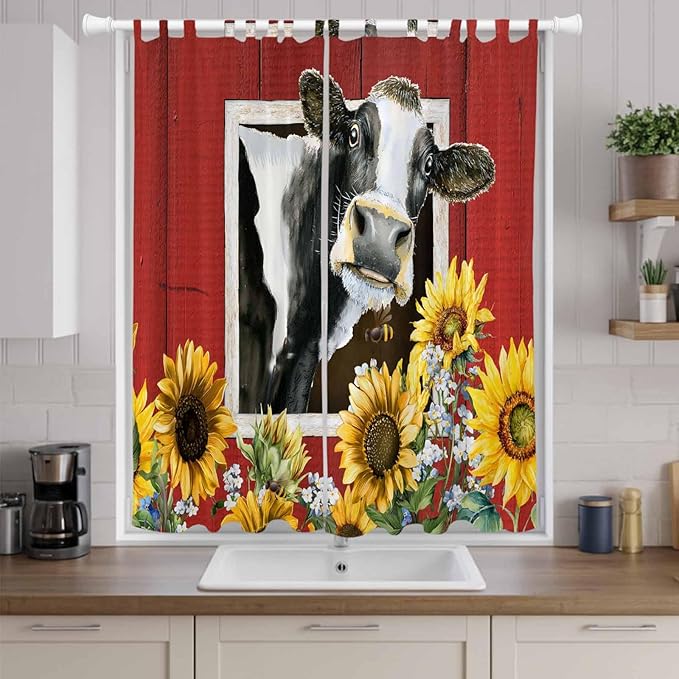 Cows Sunflowers Living Room Curtains 96 Inch Length, Window Curtains Tab Top, Spring Botanical Floral Bees Red Barn Light Filtering Window Treatments Drapes 52"x96" 2 Panel