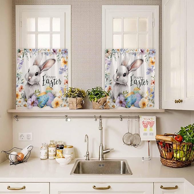 Happy Easter Kitchen Curtains Set 3 Piece for Windows,Rod Pocket Valance and Tier Set 36 Inch Length,Spring Grey Bunny Colorful Eggs Flower Beige Light Filtering Cafe Curtains for Living Room