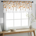 Spring Summer Flowers Sheer Valance Curtains, Vintage Watercolor Orange Floral Leaf Plant Light Filtering Kitchen Valances Rod Pocket Voile Curtain Treatment for Bedroom/Living Room/Basement 42Wx12L