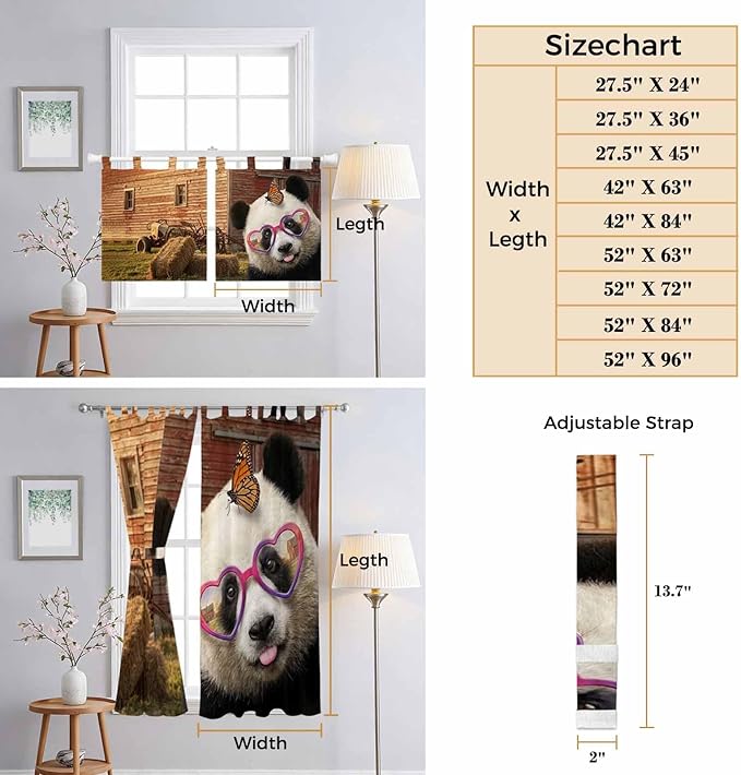 Farm Panda Living Room Curtains 96 Inch Length, Window Curtains Tab Top, Farmhouse Barn Funny Animals Butterfly Light Filtering Window Treatments Drapes 52"x96" 2 Panel