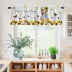 Kitchen Curtains Tiers and Valance Set of 3, Sunflowers Dog Light Filtering Window Curtain Set, Spring Watercolor Floral Stars Wood Grain Rod Pocket Curtain Drapes for Living Room, 36 Inches Tiers