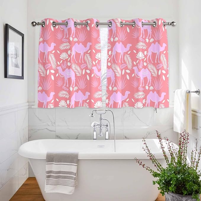 2 Panel Kitchen Cafe Curtains, Desert Camel Sunlight Filtering Nature Air Through, Window Decor Tier Curtains for Living Room 104W x 52L inch Vintage Sand Camel Leaves Flower Pattern Pink