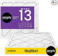 Simply 15x20x1 Air Filter, MERV 13, 4 Pack, For Home AC Furnace & HVAC (Actual Size: 14.75"x19.75"x0.75") DUST, Pet, & Allergy Control
