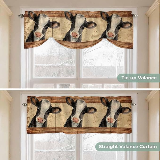 Farmhouse Cow Tie Up Valance Curtains for Windows, Kitchen Curtains Window Shades, Country Vintage Animals Wooden Grain Light Filtering Roman Curtain Valances for Bedroom/Bathroom/Cafe 42"x18"