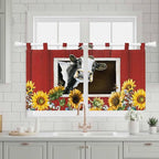 Cows Sunflowers Kitchen Curtains 24 Inch Length, Small Window Curtains Tab Top, Spring Botanical Floral Bees Red Barn Light Filtering Short Window Treatments Tier Drapes 27.5"x24" 2 Panel