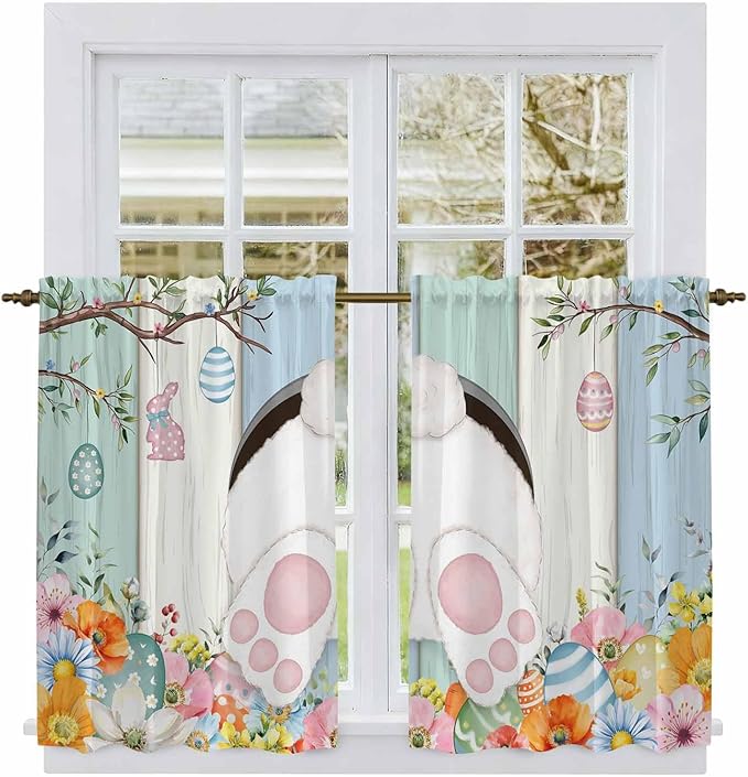 Easter Kitchen Curtains 54 Inch Long 2 Panel Set, Rod Pocket Window Curtains Panels, Spring Watercolor Bunny Eggs Wood Grain Teal Blue Light Filtering Privacy Draperies for Bedroom Laundry 42"W x 54"L