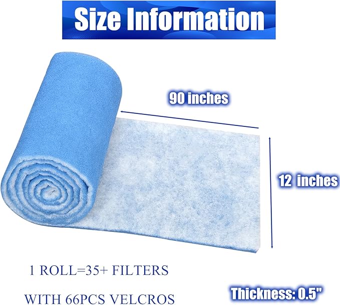 Air Vent Filters Roll, 12" x 90" Cut to Size Air Filters with 66PCS Hook&Loop Fasteners(35+ Filters), MERV 8 Triple Filtration Vent Filter Material for Home Floor, Ceiling, HVAC, Grilles (12x90 inch)