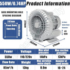 Vortex Ring Regenerative Blower,Single Phase High-Pressure Industrial Vacuum Pump,Electric Air Pump,for Industrial Applications,Construction Sites,Fish Pond Aeration 550W/0.74HP