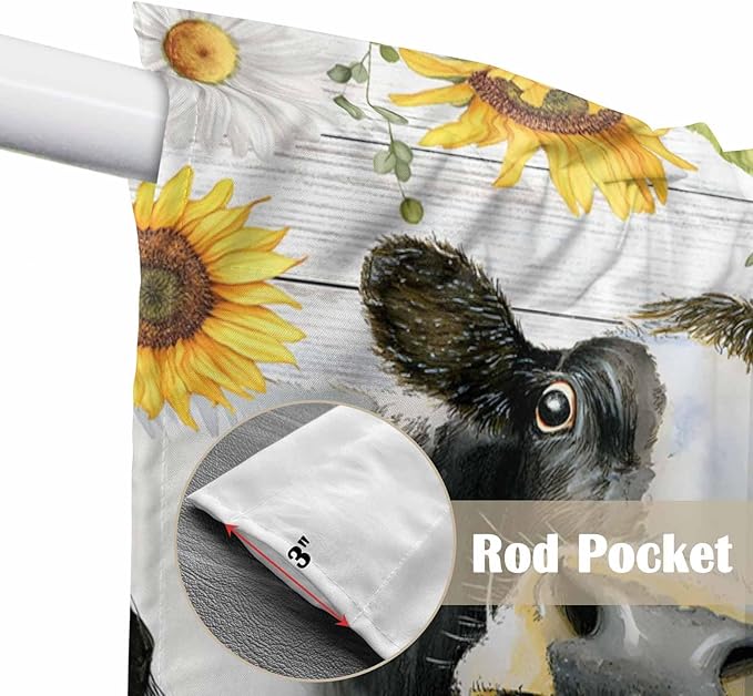 Retro Farmhouse Floral Swag Valances for Windows, Yellow Sunflowers Cows Butterfly Wood Rod Pocket Kitchen Curtains Valance, Small Window Curtains Swag for Cafe Living Room, 2 Panels, 36x36 inch
