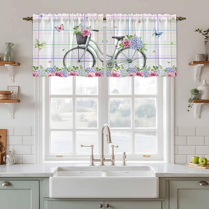 Spring Tier Curtains, Bicycles Botanical Leaves Rose Colorful Stripes Light Filtering Kitchen Curtains, 2Pcs Rod Pocket Half Window Treatments Panels for Sink Cafe Cabinet Camper 27.5x36 Inches