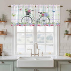 Spring Tier Curtains, Bicycles Botanical Leaves Rose Colorful Stripes Light Filtering Kitchen Curtains, 2Pcs Rod Pocket Half Window Treatments Panels for Sink Cafe Cabinet Camper 27.5x24 Inches