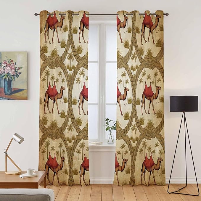 2 Panel Kitchen Cafe Curtains, Brown Desert Camels Sunlight Filtering Nature Air Through, Window Decor Tier Curtains for Living Room 104W x 96L inch Tropical Date Coconut Trees Cords Leaves