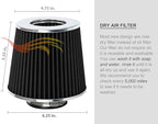 BLACK 3.5" 89 mm Inlet Narrow Air Cone Replacement Performance Washable Clamp-On Dry Air Filter
