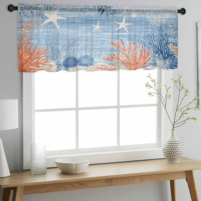 Ocean Corals Sheer Valance Curtains, Summer Beach Coral Sea Stars Blue Stripes Light Filtering Kitchen Valances Rod Pocket Voile Curtain Window Treatment for Bedroom/Living Room/Basement 54Wx18L
