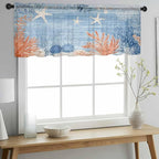 Ocean Corals Sheer Valance Curtains, Summer Beach Coral Sea Stars Blue Stripes Light Filtering Kitchen Valances Rod Pocket Voile Curtain Window Treatment for Bedroom/Living Room/Basement 54Wx18L