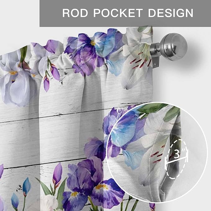 Spring Flowers Curtain Valances for Windows, Kitchen Valance Window Treatment, Watercolor Garden Florals Wooden Grain Light Filtering Block Curtains for Bathroom/Bedroom/Living Room 42'' x 12''