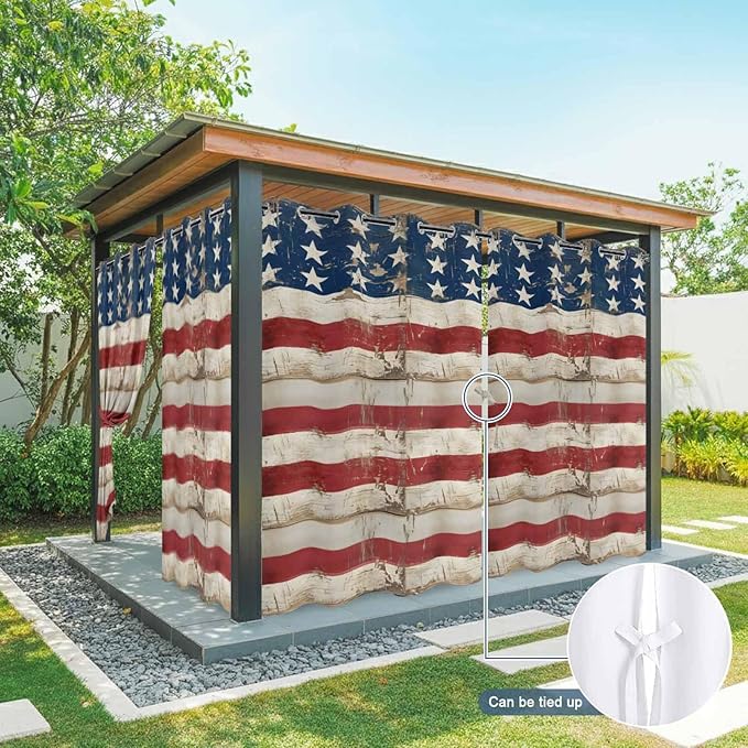 4th of July Outdoor Curtains for Patio USA Flag Independence Day Vintage Waterproof Outside Curtains with Grommet Top Weatherproof Curtain for Cabana Pergola Gazebo, 2 Pack, 54" W x 84" L