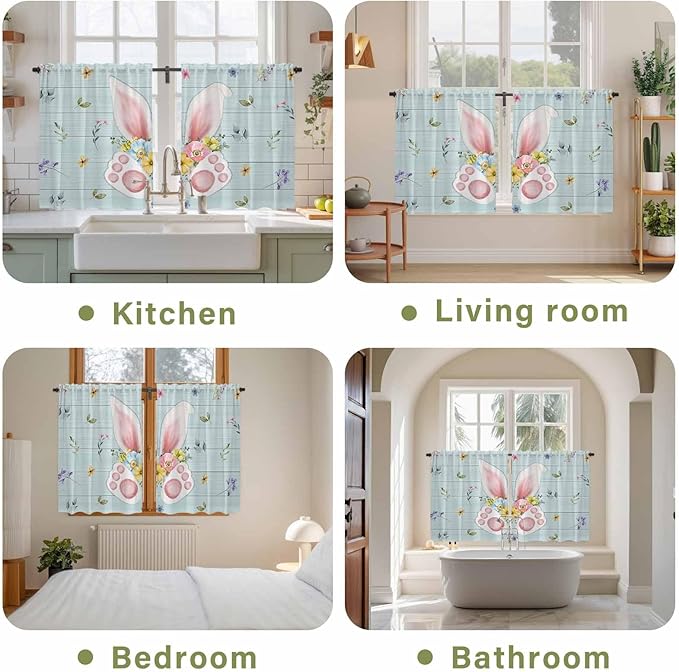 Easter Kitchen Curtains 45 Inch Long 2 Panel Set, Rod Pocket Window Treatment, Spring Rabbits Ears Feet Flowers Wooden Grain Light Filtering Panels Short Drapes for Bathroom Camper 42"W x 45"L