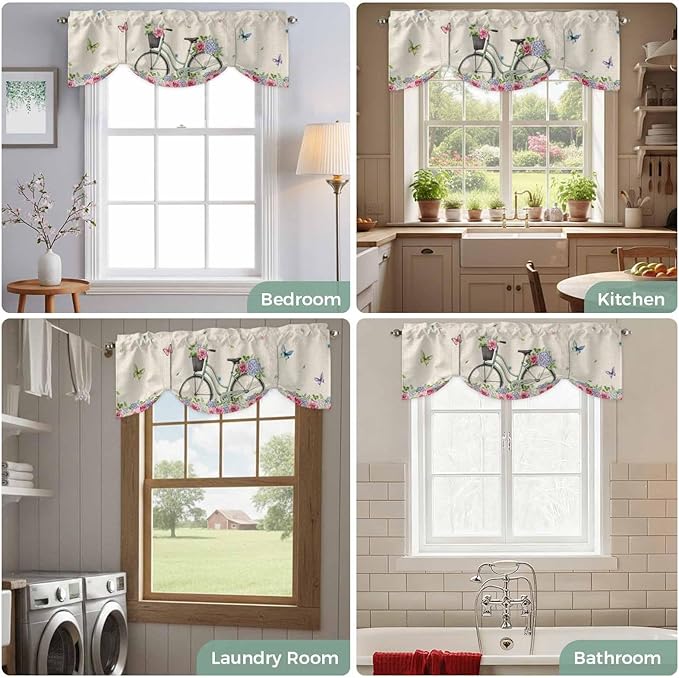 Farmhouse Spring Tie Up Valance Curtains for Windows, Kitchen Curtains Window Shades, Retro Bicycles Flowers Vines Butterfly Light Filtering Roman Curtain Valances for Bedroom/Bathroom/Cafe 42"x18"
