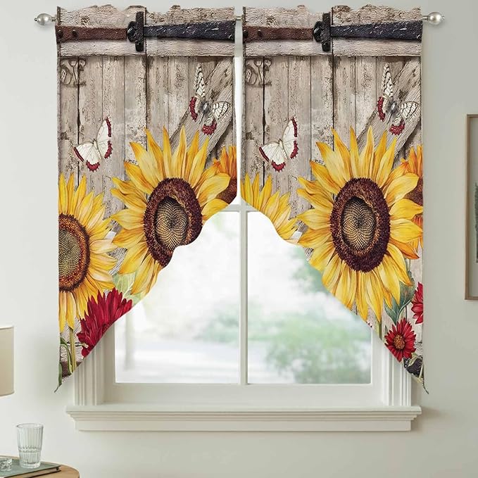Sunflowers Swag Valances for Windows, Retro Flower Barn Doors Butterfly Farmhouse Brown Rod Pocket Kitchen Curtains Valance, Kitchen Window Curtains Swag for Cafe Living Room, 2 Panels, 36x63 inch