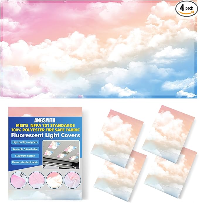 4 Pcs Fluorescent Light Covers - Classroom, Office 4 x 2 Feet Flame Retardant Magnetic Covers for Ceiling Lights Filters (Rainbow)