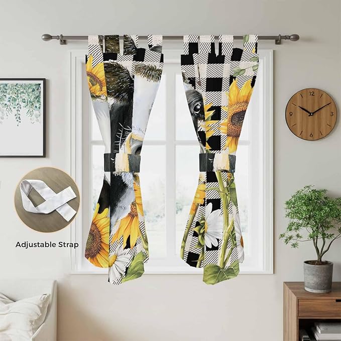Retro Sunflowers Bathroom Curtains 63 Inch Length, Window Curtains Tab Top, Farmhouse Floral Cow Butterfly Black Plaid Light Filtering Window Treatments Drapes 52"x63" 2 Panel