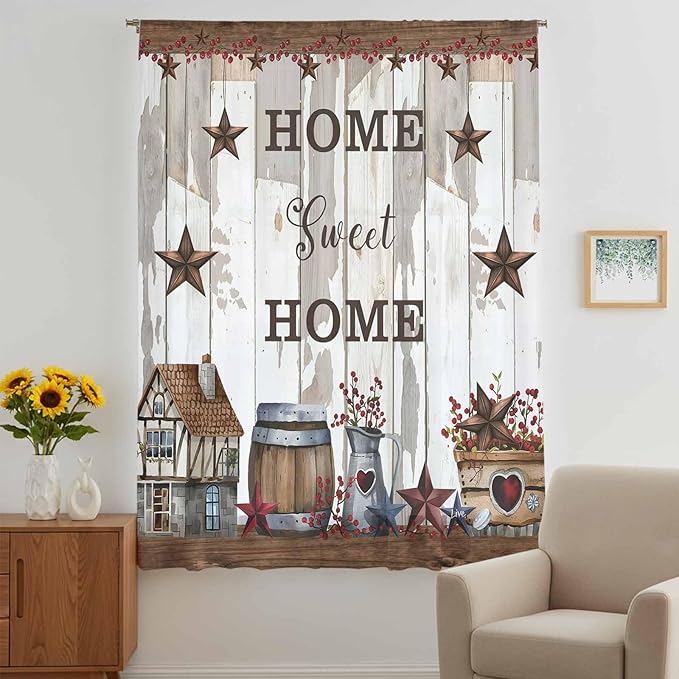 Farmhouse Sheer Curtains 108 Inch Length Retro Country Star Berry Vintage Wood Grain Chiffon Curtain for Bedroom Living Room Light Filtering Rod Pocket Window Treatments Voile Curtains Drapes