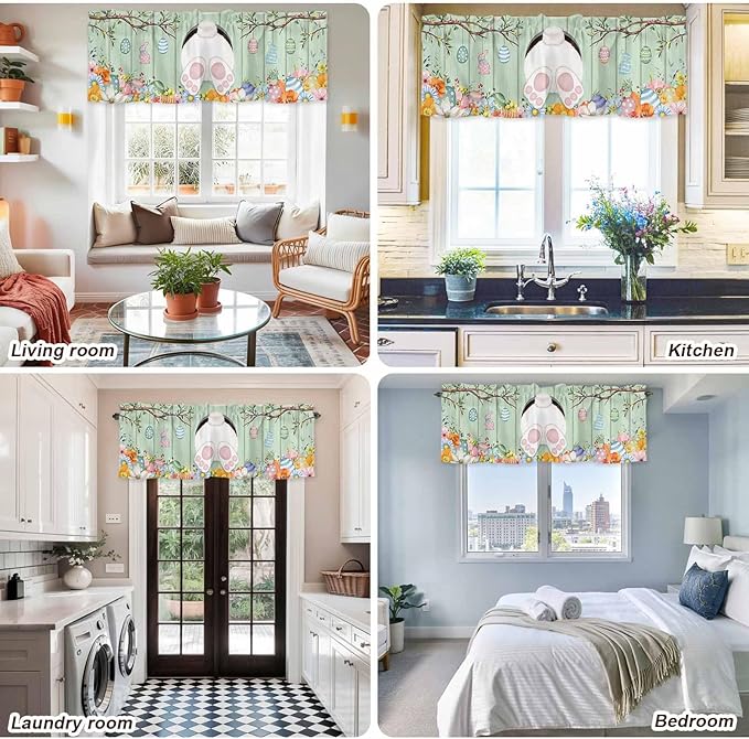 Easter Curtain Valances for Windows, Kitchen Valance Window Treatment, Spring Watercolor Bunny Eggs Wooden Grain Green Light Filtering Block Curtains for Bathroom/Bedroom/Living Room 42'' x 12''