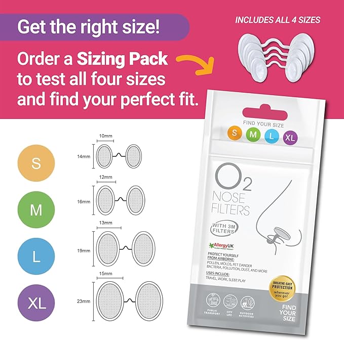 O2 Nose Filters with 3M Filtration - Nasal Screens for Allergies, Dust & Smoke - Drug-Free & Latex-Free Nose Filters - Invisible Allergy Protection (Small x 20)