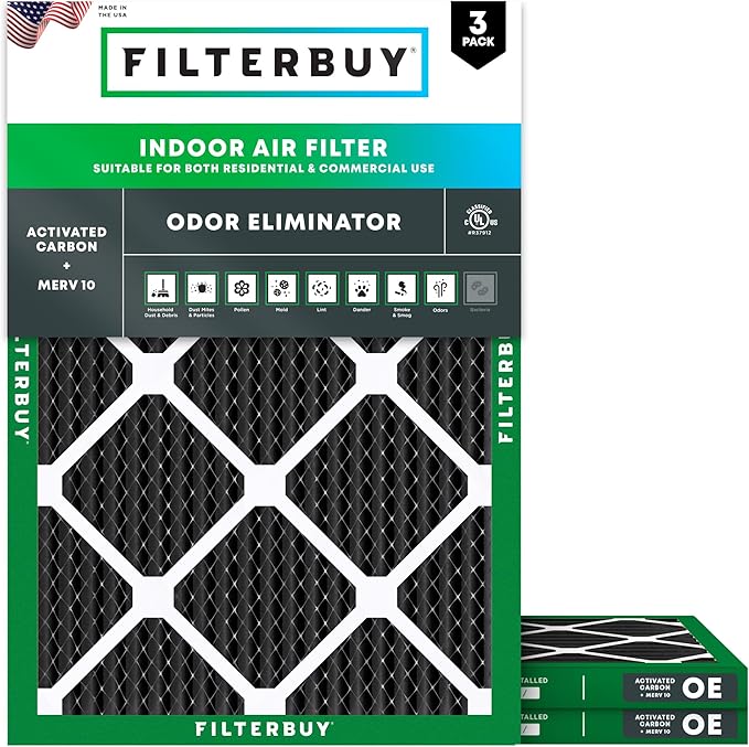 Filterbuy 20x22x1 Air Filter MERV 10 Odor & Allergy Defense with Activated Carbon (3-Pack), Electrostatic Pleated HVAC AC Furnace Filters Replacement, Made in USA (Actual Size: 19.50 x 21.50 x 0.75)
