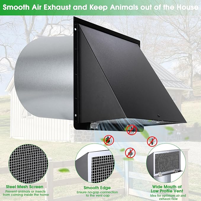 8 inch Hooded Wall Vent with Screen and Damper,Wall Vent Cover Exhaust Vent Outdoor Wall Cap Exterior Air Vent Cover for Kitchen Range Hood HVAC Duct Dryer Ventilation,Galvanized Steel,Black