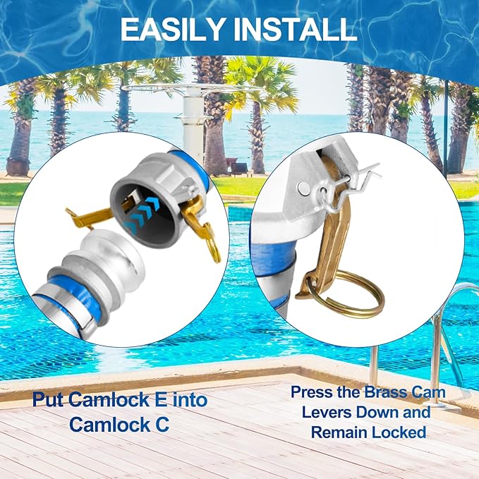 2" x 100 ft Backwash Hose for Swimming Pools, Heavy Duty PVC Water Lay Flat Discharge Hose,Durable Pool Drain Hose with Aluminum Camlock C and E Fittings for Pump And Filters