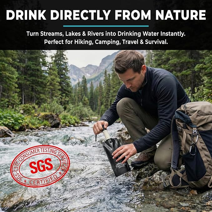 2-Pack Tactiko Survival 20oz/600ml Filtered Water Bottle Kit - Purify 265 Gal. Water from Rivers, Lakes & Streams - SGS Certified - UF Membrane, Activated Carbon - Camping, Emergency (Blk/Blue)