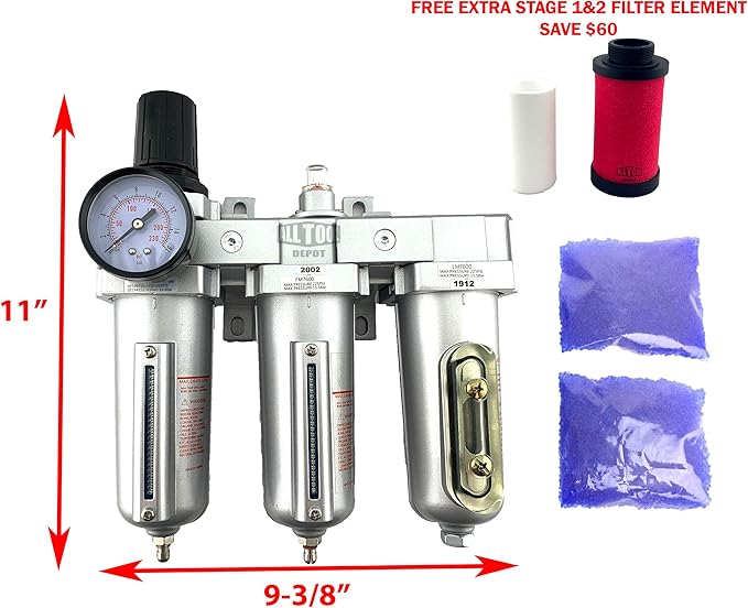 3 STAGE, HEAVY DUTY INDUSTRIAL GRADE FILTER REGULATOR COALESCING DESICCANT DRYER SYSTEM FOR COMPRESSED AIR LINE, METAL BOWLS, GREAT FOR PAINT SPRAY AND PLASMA CUTTER W/ELEMENTS(1/2"NPT, MANUAL DRAIN)