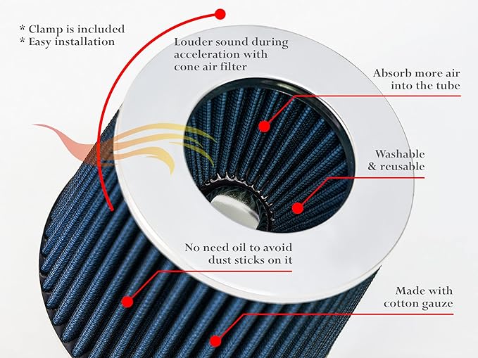 BLUE 6" 152 mm Inlet Short Truck Air Cone Replacement Performance Washable Clamp-On Dry Air Filter (6" Tall)